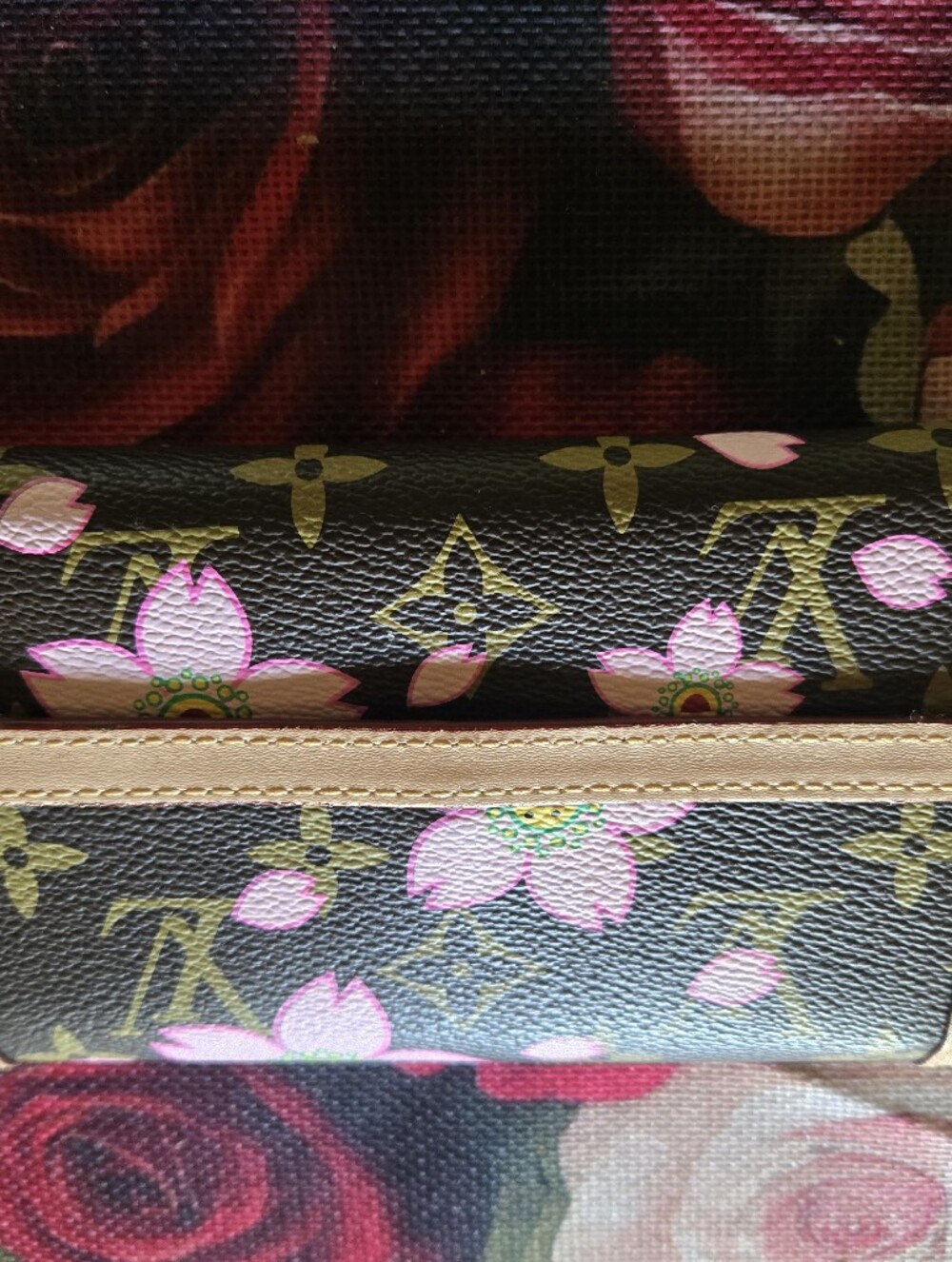 Louis Vuitton Pink Floral Monogram Canvas Wallet with Beige Trim